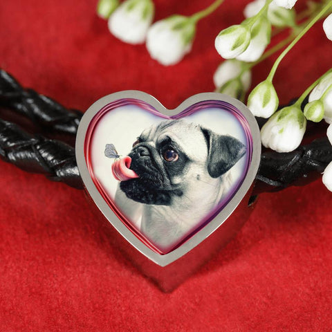 Cute Pug Dog Print Heart Charm Leather Woven Bracelet