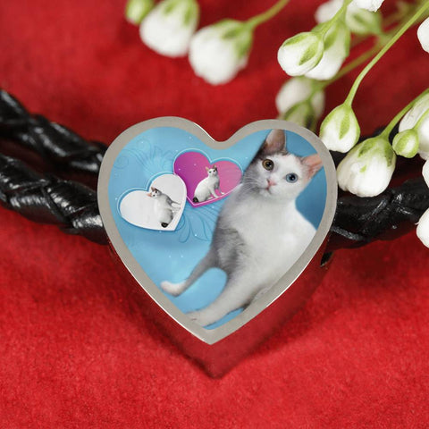 Japanese Bobtail Cat Print Heart Charm Leather Bracelet