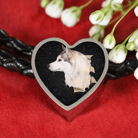 Siberian Husky Dog 3D Print Heart Charm Leather Woven Bracelet