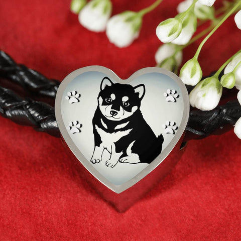 Shiba Inu Dog Print Heart Charm Leather Woven Bracelet