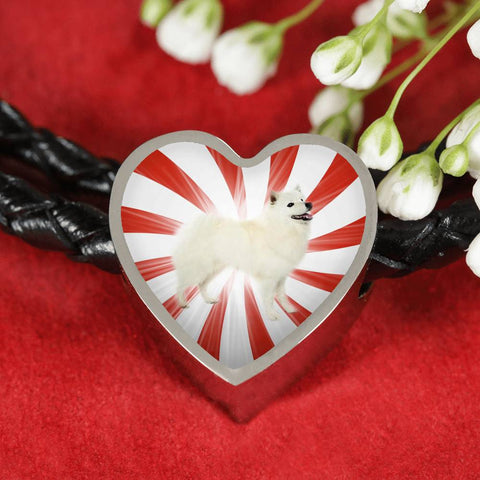 American Eskimo Dog Print Heart Charm Leather Bracelet