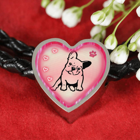 Cute French Bulldog Print Heart Charm Leather Woven Bracelet