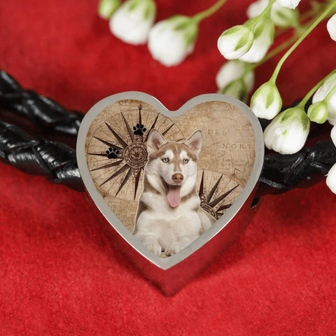 Siberian Husky Print Heart Charm Braided Bracelet