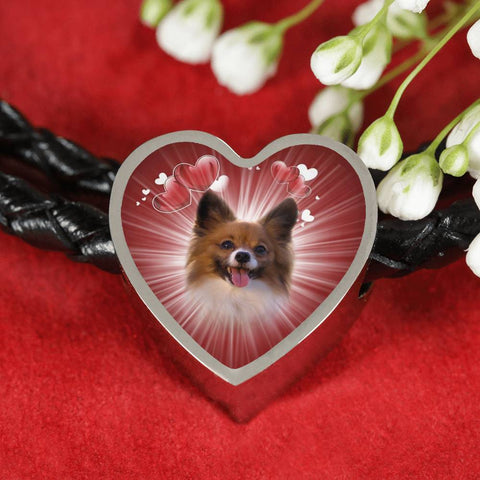 Papillon Dog Print Heart Charm Leather Bracelet