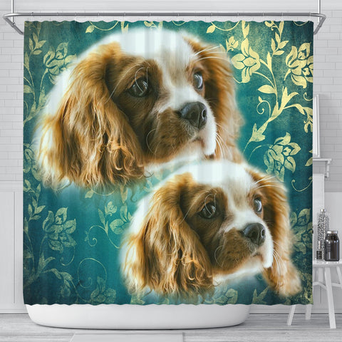 Cavalier King Charles Spaniel On Blue Print Shower Curtains