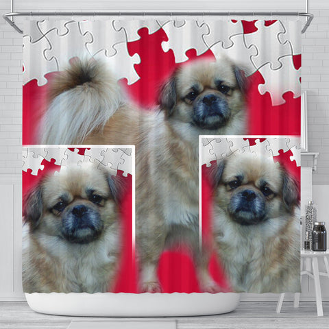 Tibetan Spaniel Print On Red Puzzle Shower Curtain