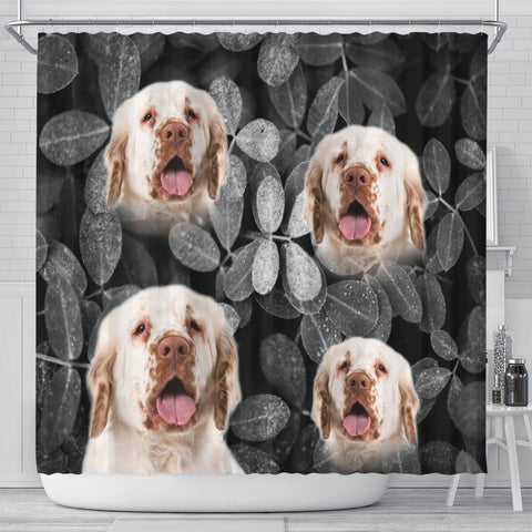 Clumber Spaniel On Black Print Shower Curtains