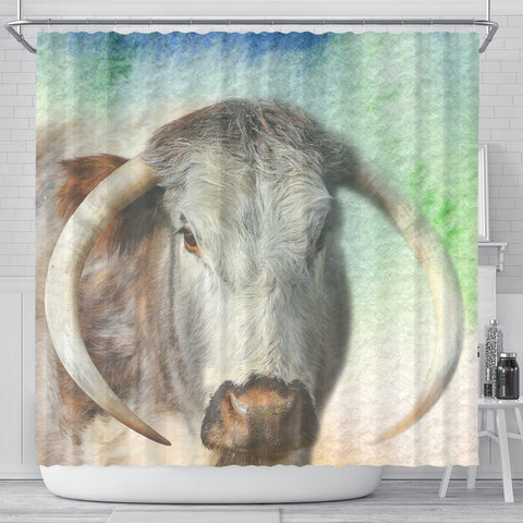 English Longhorn Cattle (Cow) Print Shower Curtain