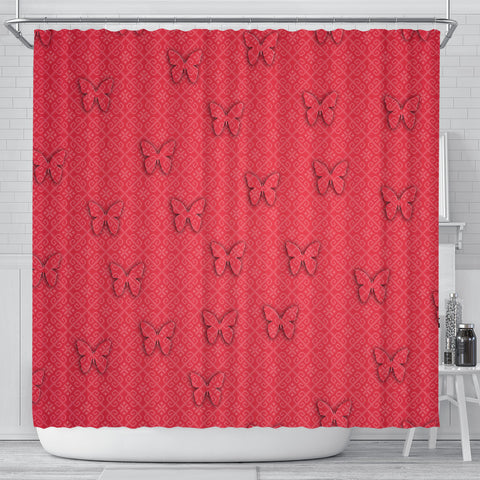 Butterfly Print On Red Shower Curtain