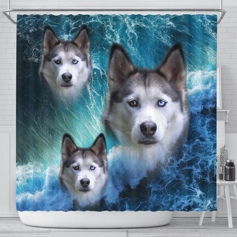 Siberian Husky On Ocean Print Shower Curtains