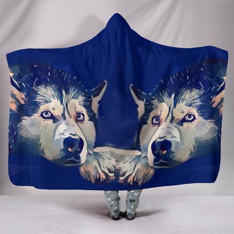 Siberian Husky Dog Art On Blue Print Hooded Blanket