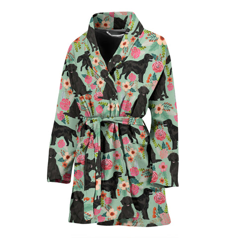 FlatCoated Retriever Dog Floral Print Women's Bath Robe