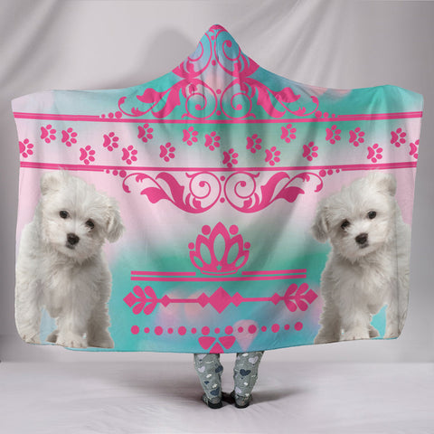 Cute Maltese Pink Floral Print Hooded Blanket