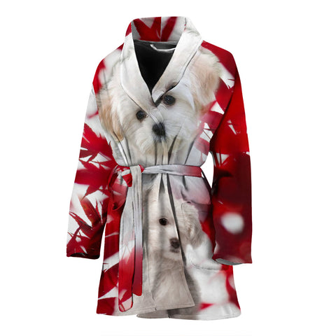 Maltese On Red Print Women's Bath Robe