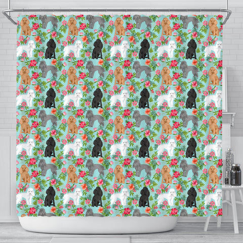 Poodle Dog Floral Print Shower Curtains