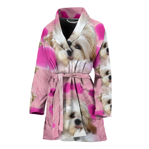 Shih Tzu On Pink Print Women's Bath Robe