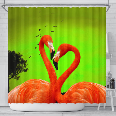 Flamingo Bird Heart Shape Print Shower Curtain