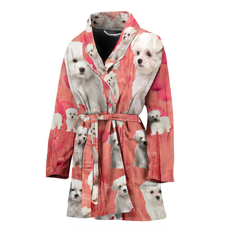 Maltese Dog On Pink Print Women's Bath Robe