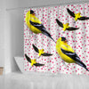 American Goldfinch Bird On Hearts Print Shower Curtains