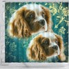 Cavalier King Charles Spaniel On Blue Print Shower Curtains