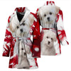 Maltese On Red Print Women's Bath Robe