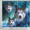 Siberian Husky On Ocean Print Shower Curtains