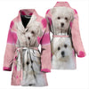 Maltese On Pink Print Women's Bath Robe