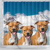 American Staffordshire Terrier On Sky Blue Print Shower Curtains