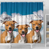 American Staffordshire Terrier On Sky Blue Print Shower Curtains